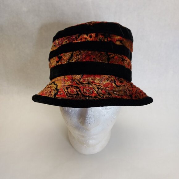 Scala Collezione Bucket Hat Women's Black Floral Stripe Velvet Velour Cloche O/S - Picture 4 of 14